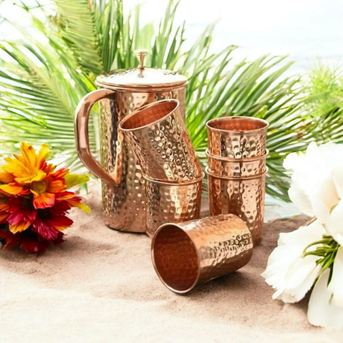 Lunabuddy™ 100% Pure Copper Tumbler Jug Pitcher and Copper Tumbler Glass Set Of 7 Ayurveda Yoga