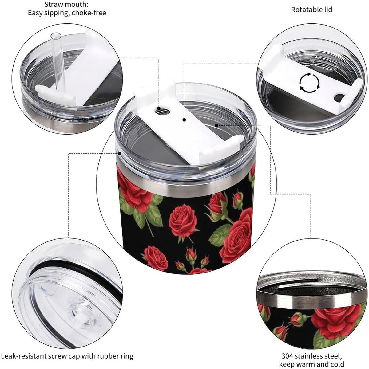 Lunabuddy™ 40 oz Insulated Floral Flowers Red Rose Coffee Tumbler with Portable Handle, Stainless Steel Vacuum Travel Mug for Unisex Home, Office Use