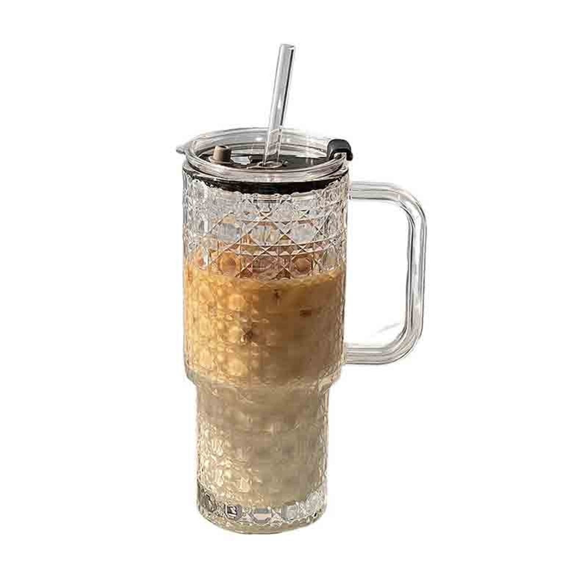 Lunabuddy™ 24Oz Diamond Embossed Glass Tumblers with Lid and Straw, Clear Drinking Glasses with Handle for Iced Coffee, Smoothies and Juices