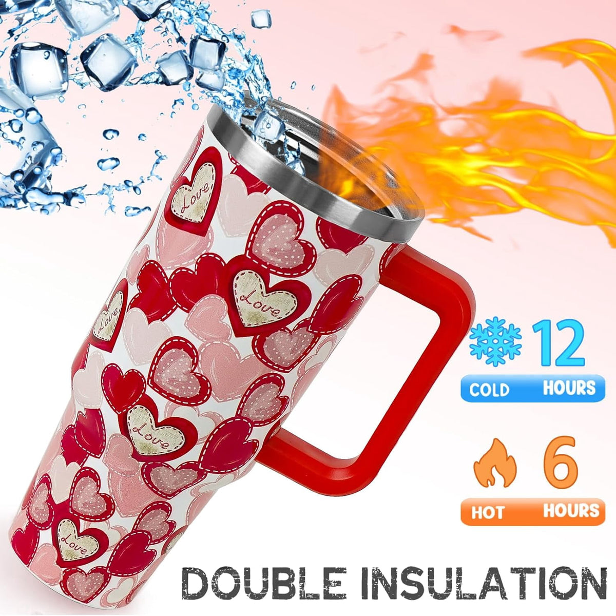 Lunabuddy™ Valentines Tumbler with Handle 40 oz Red Love Hearts Coffee Travel Mug Stainless Steel Insulated Cup Valentines Anniversary Wedding Birthday Gifts for Women