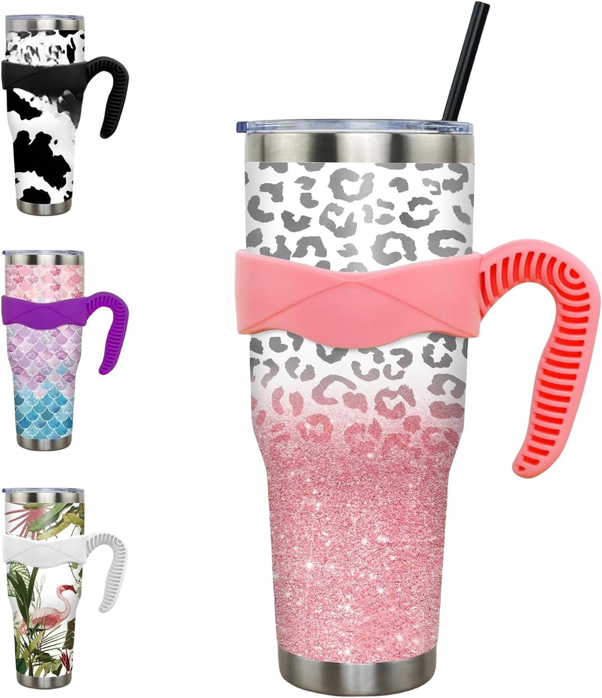 Lunabuddy™ 40 oz Tumbler with Handle and Straw 40oz Pink Flamingo Cup