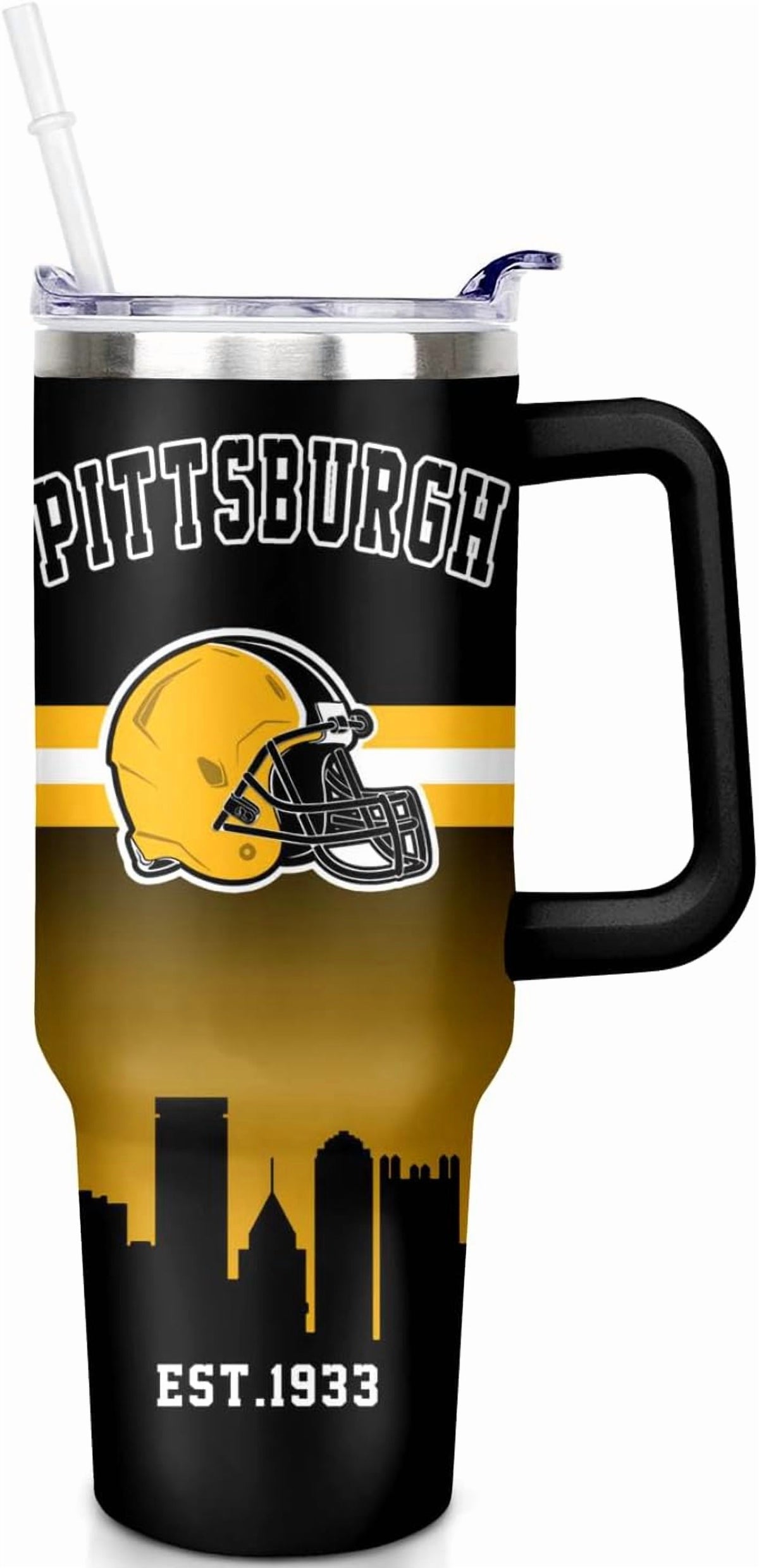 Lunabuddy™ Football 40 OZ Pittsburgh Tumbler with Handle and Straw for Football Fans Gifts Football City Travel Mug Tumbler Cup for Men Women Keeps Drinks Cold & Hot