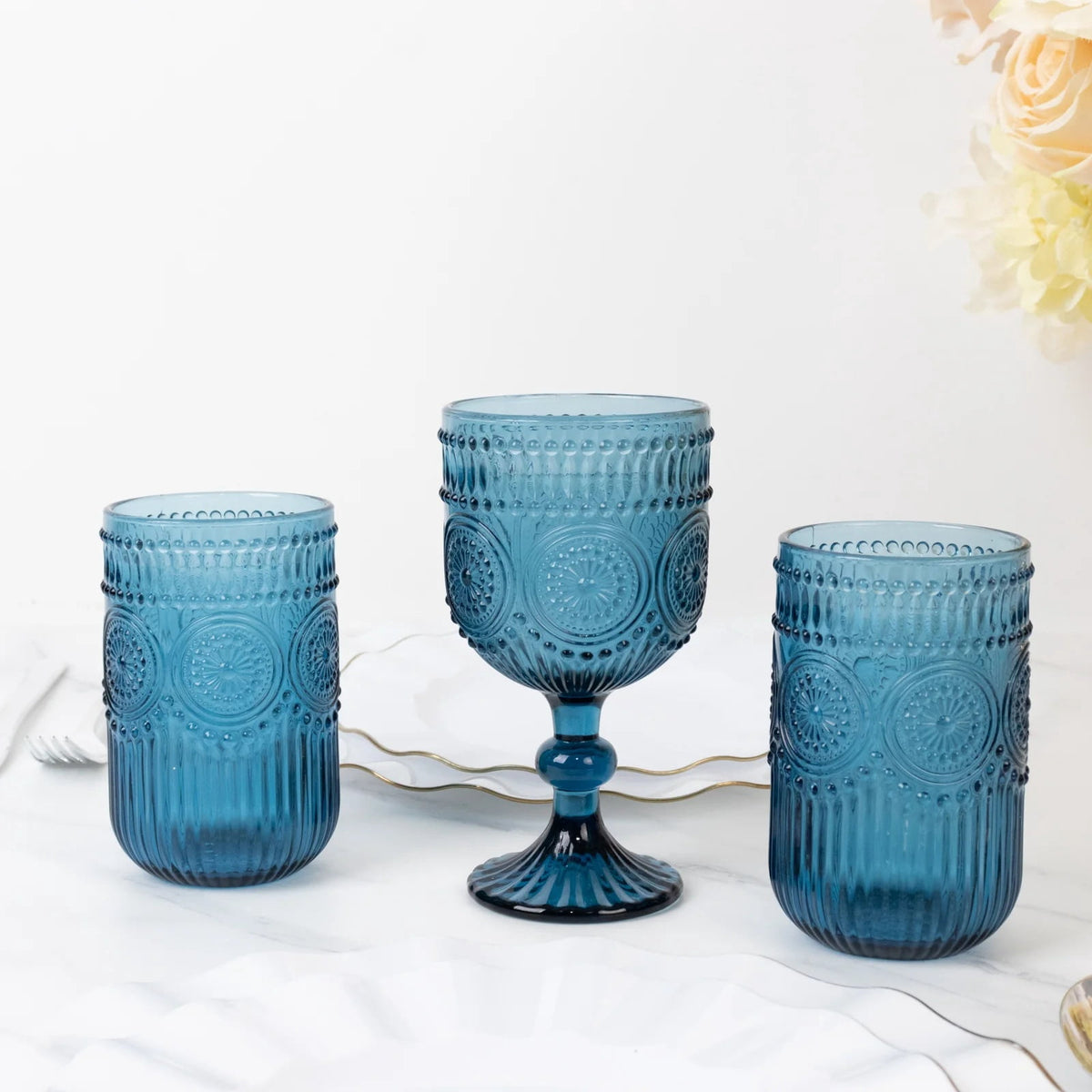 Lunabuddy™ BalsaCircle 6 Ocean Blue 14 oz Round Glass Tumblers with Vintage Floral Embossed Pattern Party Tableware Wedding Events Decorations Supplies
