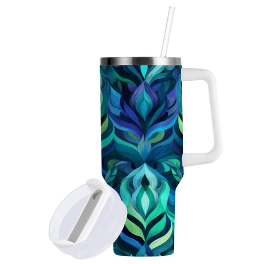 Lunabuddy™ 40 oz Insulated Stainless Steel Tumbler Double Wall Stainless Steel Tumbler with 2-Way Drinking Elegant Blue Abstract Shapes