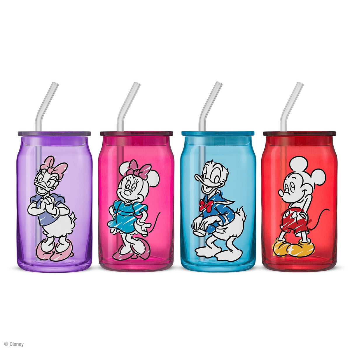Lunabuddy™ Disney Mickey Mouse & Friends Color Sketch Tumbler Glasses with Lids, 16-ounce, Set of 4