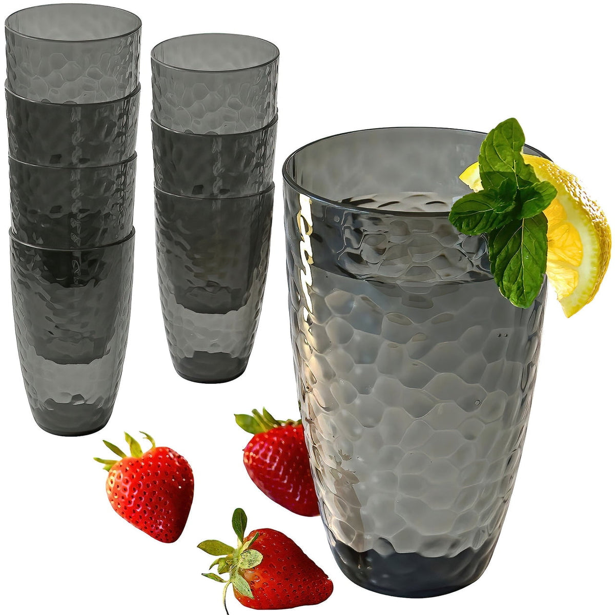 Lunabuddy™ Kate Aspen Smoke Grey Hammered Plastic Tumblers, Plastic Drinking Glasses Set of 8, 23 oz, Large Shatterproof Cups Reusable for Outdoor Barware, Cocktails, BPA-Free Tumblers & Water Glasses