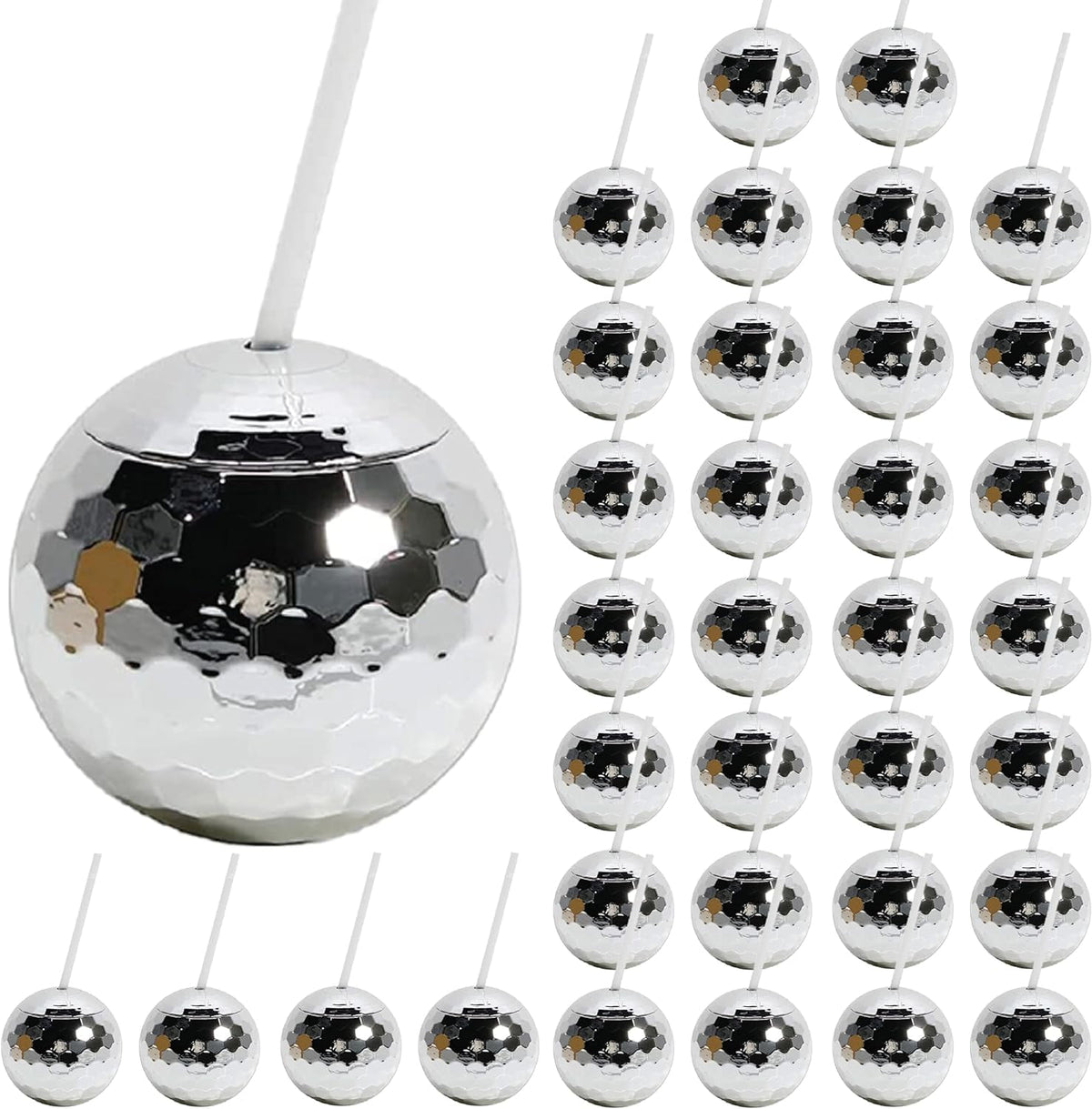 Lunabuddy™ Koyal Wholesale 1970s Silver Disco Ball Drink Tumbler with Straw, Set of 32 For New Year's Eve Party Cups