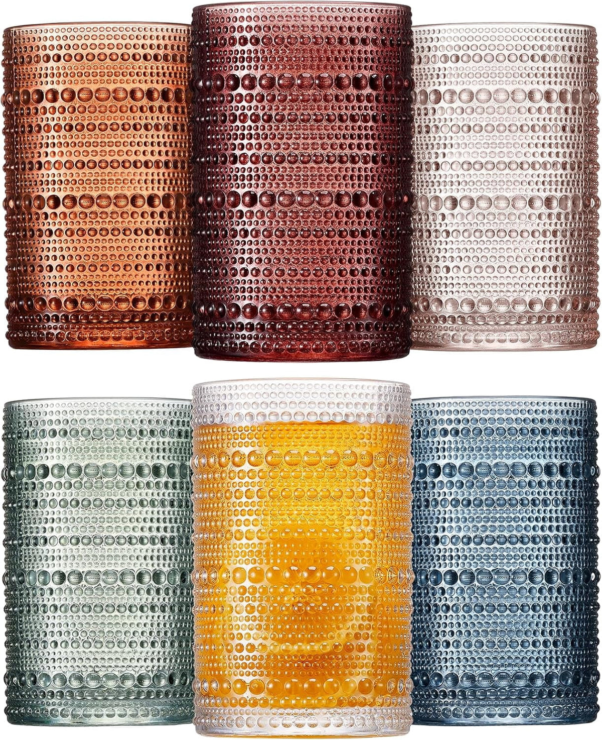 Lunabuddy™ 12oz Embossed Beaded Glass Tumbler Set of 6 for Cocktails, Juice and Mixed Drinks