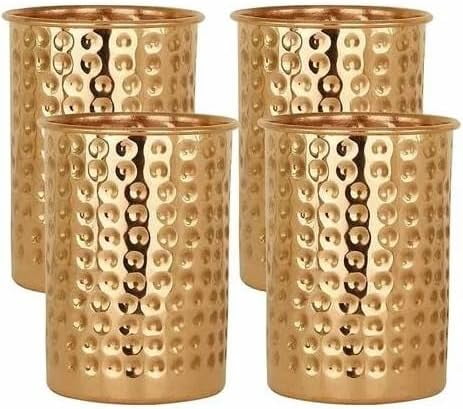 Lunabuddy™ Taluka Pure Copper Hammered Glass Tumbler For Drinking Water Ayurveda Health Benefits 11.80 OZ/ 350ML Set Of 4