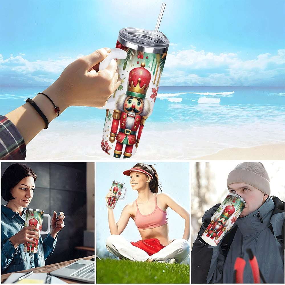 Lunabuddy™ Nutcracker Christmas Insulated Tumbler with Lid and Straw, Holiday King Soldier Design Stainless Steel Travel Cup