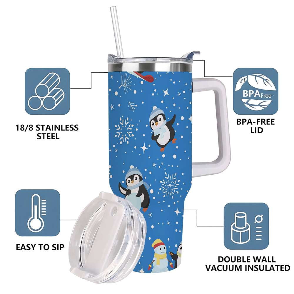 Lunabuddy™ Penguin Winter Travel Tumbler with Lid and Straw, Stainless Steel Insulated Cup with Cute Snow & Ski Design