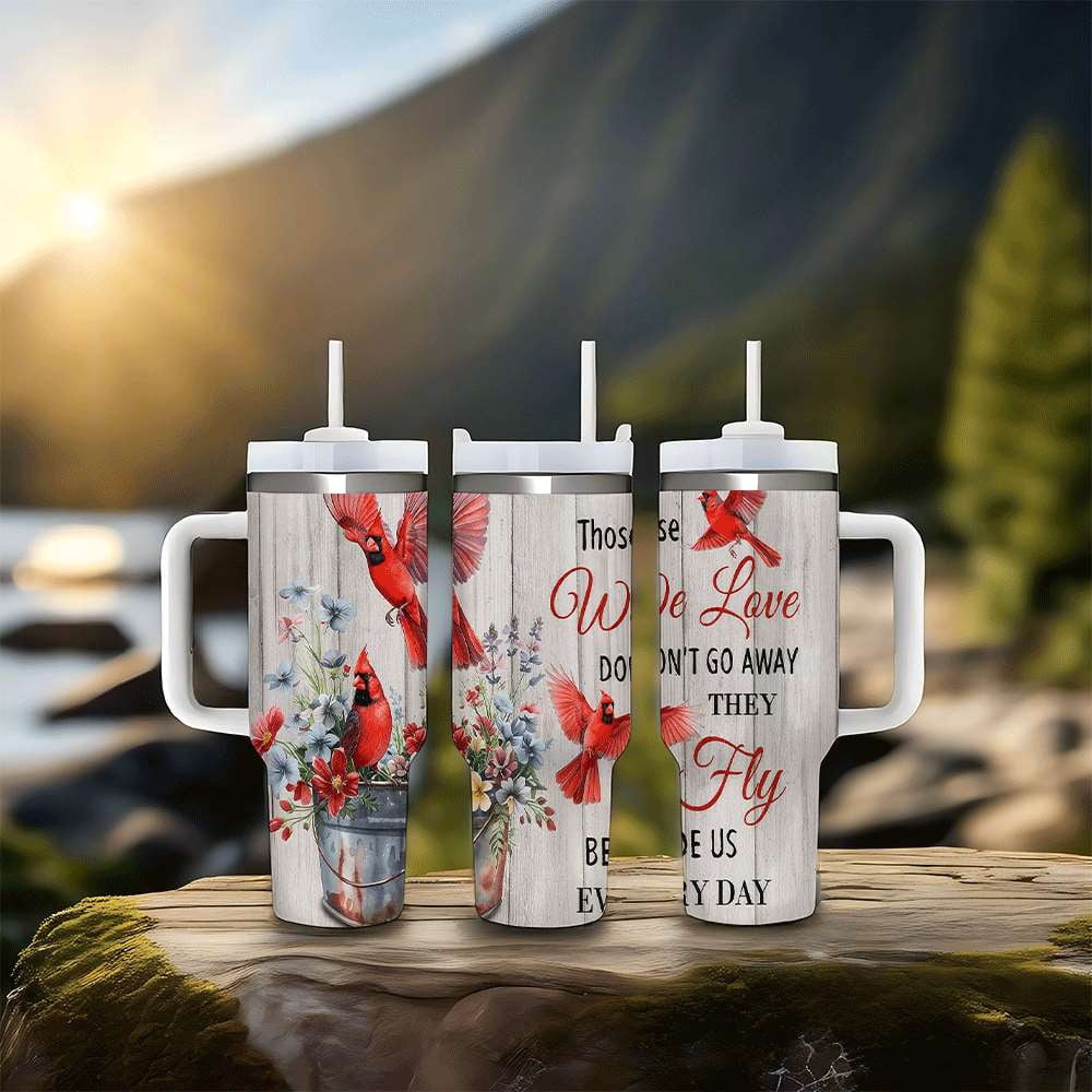 Lunabuddy™ Cardinal Insulated Tumbler with Lid and Straw, Stainless Steel Travel Mug with Handle, Floral Rustic Cardinal Cup, Double Wall Hot Cold Drink Tumbler, Gift for Women & Nature Lovers
