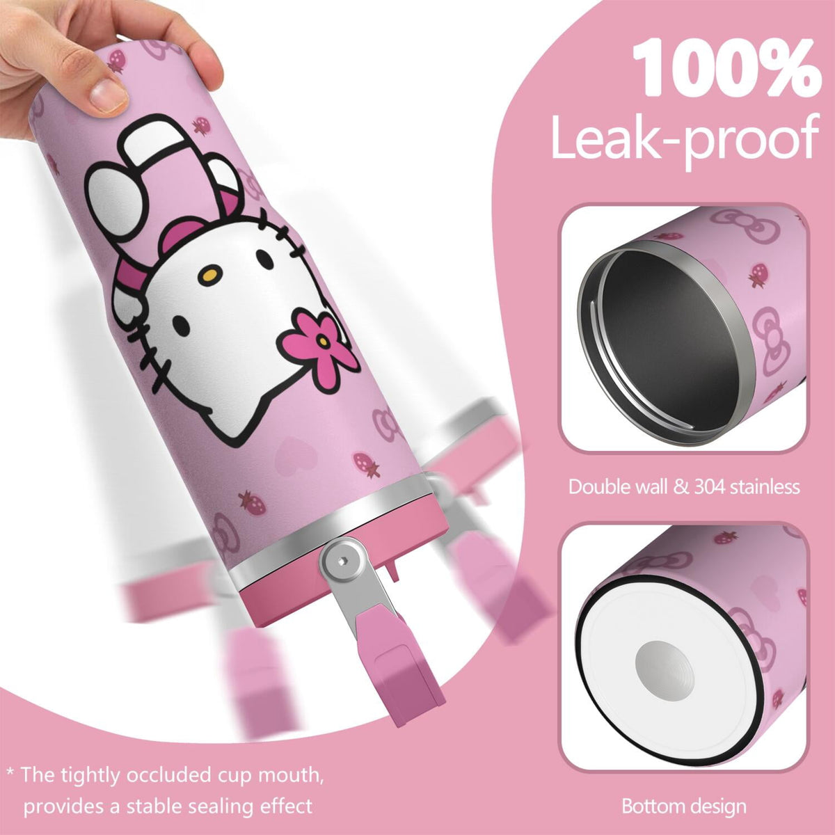 Lunabuddy™ 30oz Hello Kawaii Cat Cute Stainless Steel Tumbler with Lid and Straw,Spill Proof Travel Cup Double Wall Vacuum Insulated Coffee Mug with Top Handle Pink