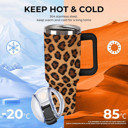 Lunabuddy™ 40oz Insulated Stainless Steel Tumbler with Handle, Abstract Brown Leopard Print Leakproof Water Bottles Travel Mug with Lid And Straw for Water, Iced Tea Or Coffee for Most Car Cup Holder