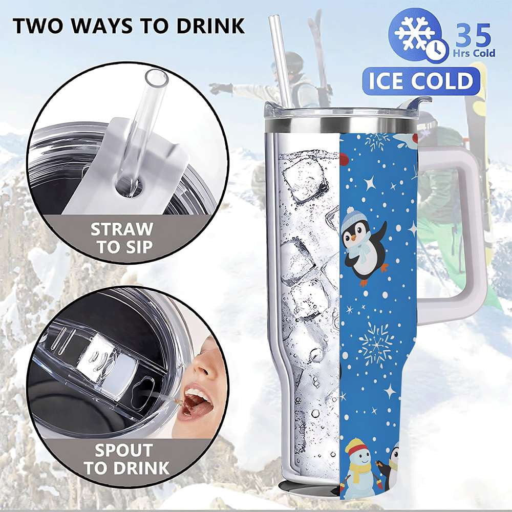 Lunabuddy™ Penguin Winter Travel Tumbler with Lid and Straw, Stainless Steel Insulated Cup with Cute Snow & Ski Design