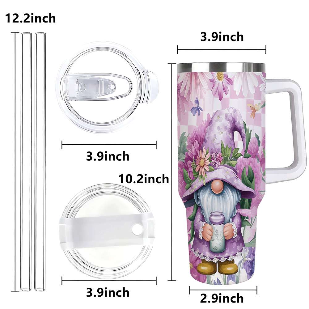 Lunabuddy™ Purple Floral Gnome Stainless Steel Tumbler with Handle and Straw, Insulated Travel Mug for Women, Cute Spring Flower Cup Gift