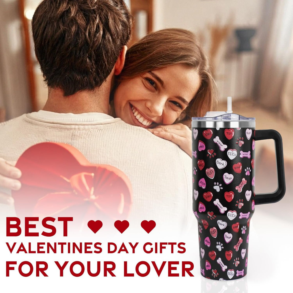 Lunabuddy™ Valentines Day Gifts 40 oz Tumbler with Handle and Straw Lid,Valentine''s Day Gift for Her Women Girlfriend Wife Dog Bones and Candy Hearts Vacuum Insulated Leak Proof Stainless Steel Coffee Cup Mug