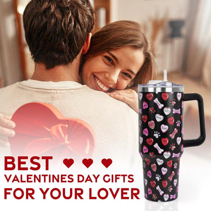 Lunabuddy™ Valentines Day Gifts 40 oz Tumbler with Handle and Straw Lid,Valentine''s Day Gift for Her Women Girlfriend Wife Dog Bones and Candy Hearts Vacuum Insulated Leak Proof Stainless Steel Coffee Cup Mug