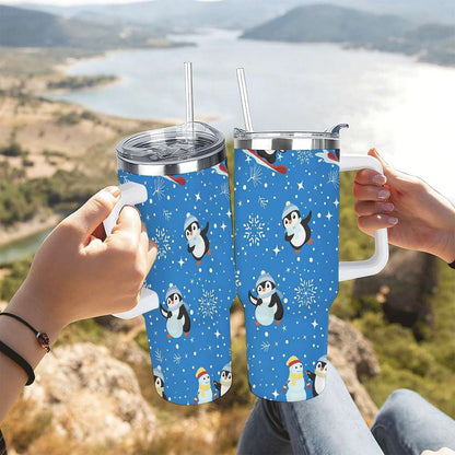 Lunabuddy™ Penguin Winter Travel Tumbler with Lid and Straw, Stainless Steel Insulated Cup with Cute Snow & Ski Design