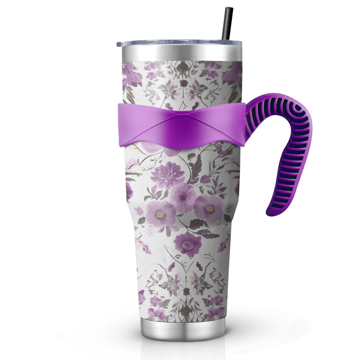 Lunabuddy™ 40 Oz Purple Floral Tumbler with Handle and Silicone Straws,Pioneer Double Wall Vacuum Insulated Stainless Steel Travel Mug Leak-Proof Coffee Cup on Screw Lid and Straw Purple