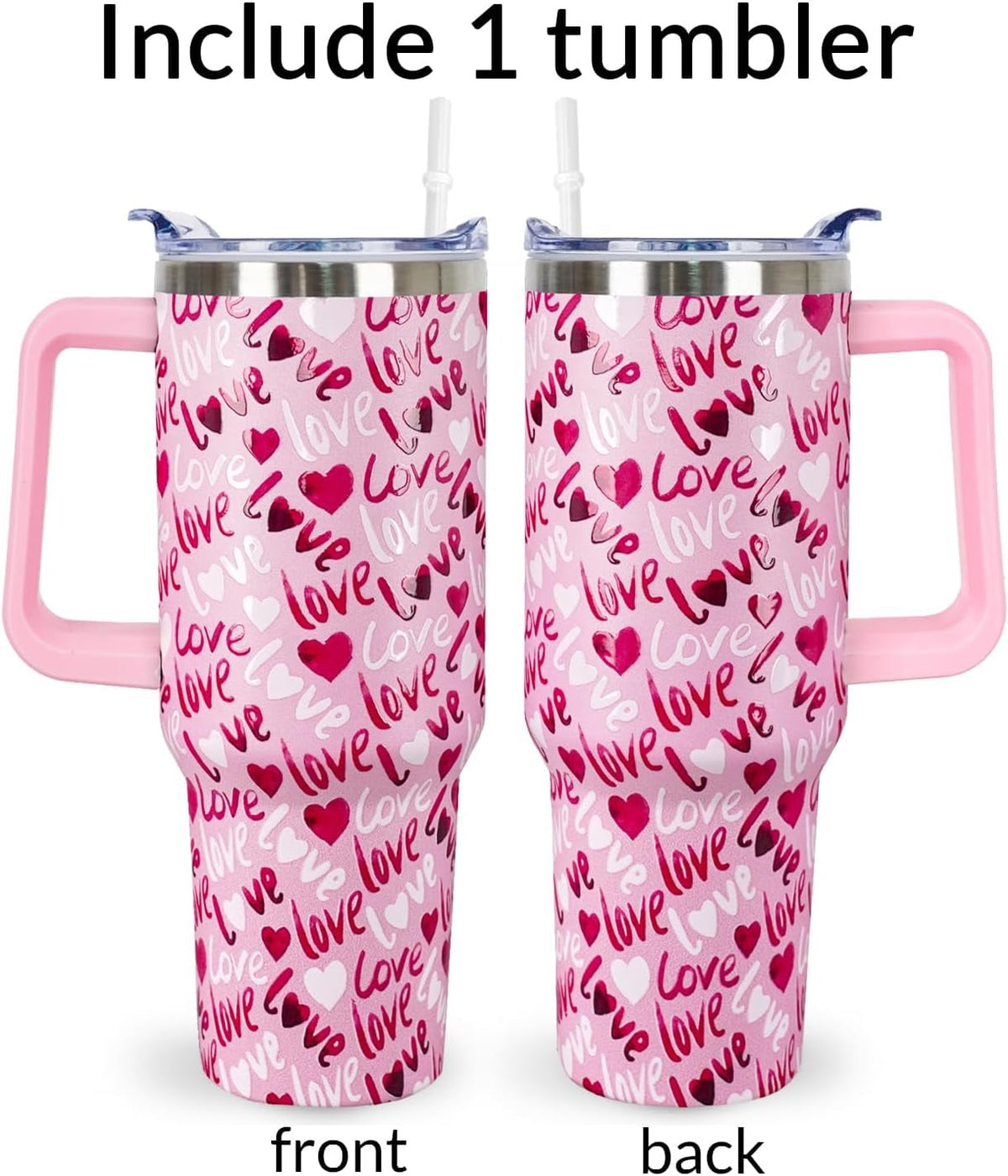 Lunabuddy™ 40 Oz Valentines Day Tumbler 3d-Printed Pink Love Tumbler Gifts for Couple Women Men Insulated Travel Cup with Handle Lid and Straw