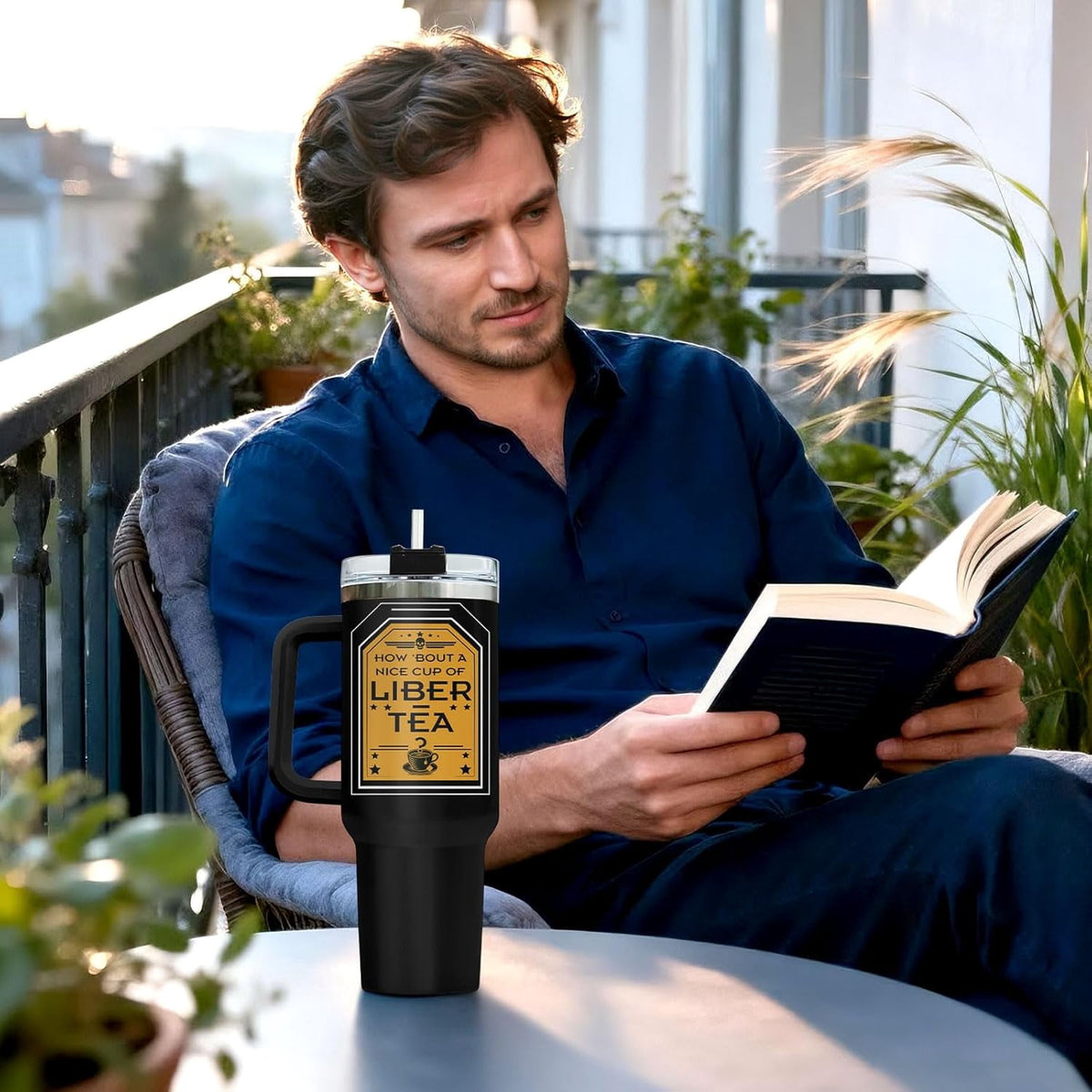Lunabuddy™ Liber Tea Tumbler 40oz with Handle and Straw, Patriotic Tea Vacuum Insulated Travel Gaming Cup, Gamer Gifts for Father''s Day - Cool Birthday Present for Him, Men & Daddy