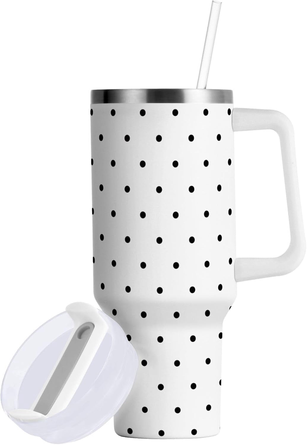 Lunabuddy™ 40 oz Tumbler with Handle Lid and Straw Insulated Water Tumbler Stainless Steel Water Cup Mug Bottle Reusable Cup Holder Friendly Polka Dot White