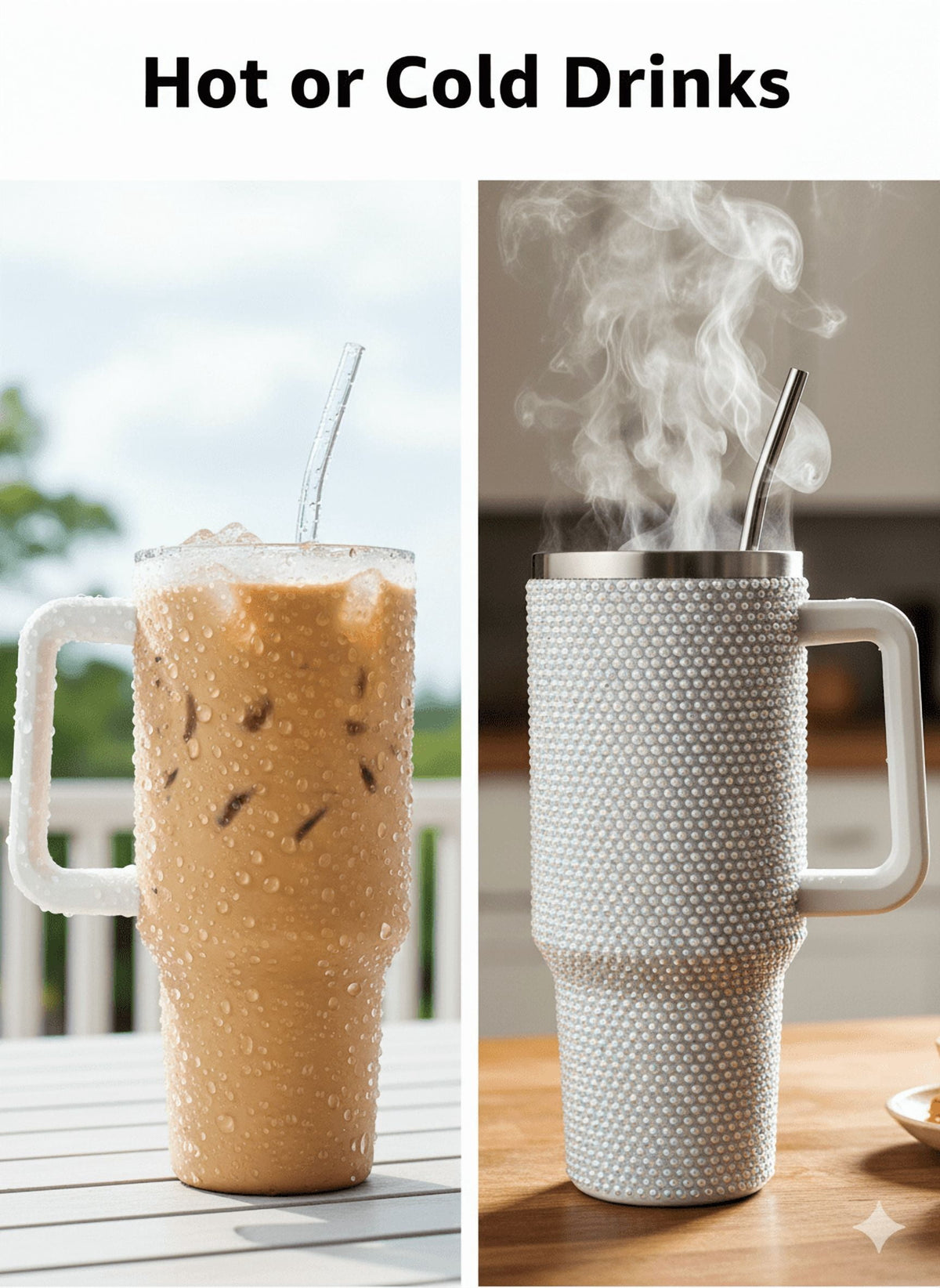 Lunabuddy™ Thirstee 40 oz Rhinestone Tumbler with Handle and Metal Straw Lid, White Bling Insulated Travel Mug