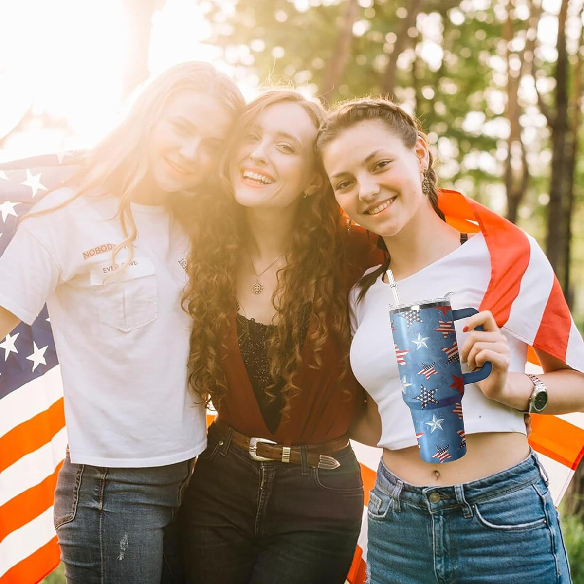 Lunabuddy™ 40oz American Flag 4th of july Tumbler With Handle and Straw, Gifts For Memorial Day Veterans day Independence day, Patriots Coffee Mug Water Bottle, Labor Day Stainless Steel Insulated Cup