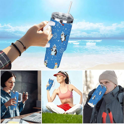Lunabuddy™ Penguin Winter Travel Tumbler with Lid and Straw, Stainless Steel Insulated Cup with Cute Snow & Ski Design