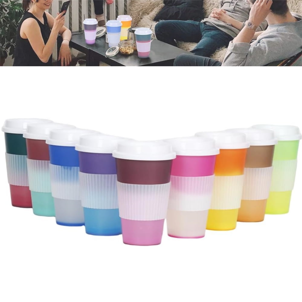 Lunabuddy™ 10 Pack 16 Oz Plastic Coffee Cups with Leak-Proof Covers,Hot Color Changing Water Cups,Reusable Hot Drink Tumbler,Durable & Portable,Quality Tumblers for Home Travel 5 Colors By HXRH