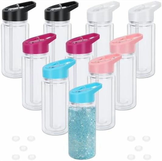 Lunabuddy™ 10 Packs 10 Oz Plastic Snow Globe Tumbler with Pre-Drilled Hole and Plug Double Wall Snow Globe Tumbler Leak Proof Sports Water Snowglobe Cup with Portable Handle Reusable DIY Personalized Gift