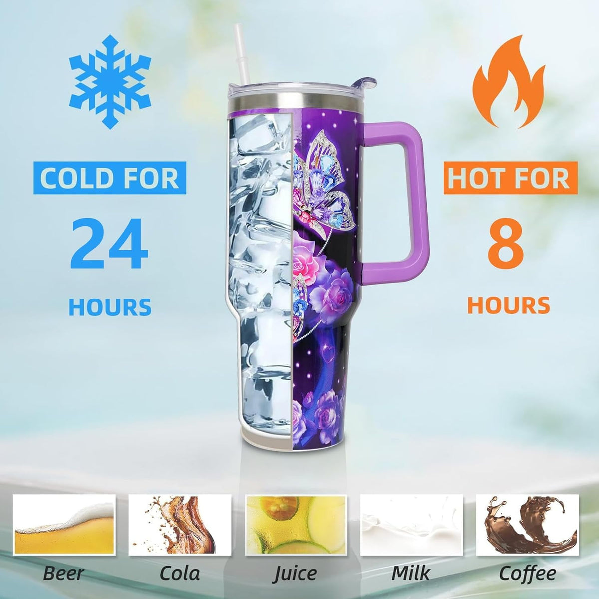 Lunabuddy™ 40 oz Tumbler with Handle and Straw Lid, Purple Butterfly Insulated Cup, Double Vacuum Leak Proof Coffee Travel Mug, Flower Stainless Steel Water Bottle Gifts for Women Girls