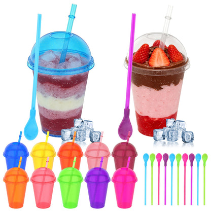 Lunabuddy™ 12 Sets-16 oz Slushie Cups with Dome Lids and Straws Detachable Spoon Straws Reusable Plastic Iced Coffee Cups Smoothie Tumbler for Birthdays Summer Party Supplies(Multi Color)