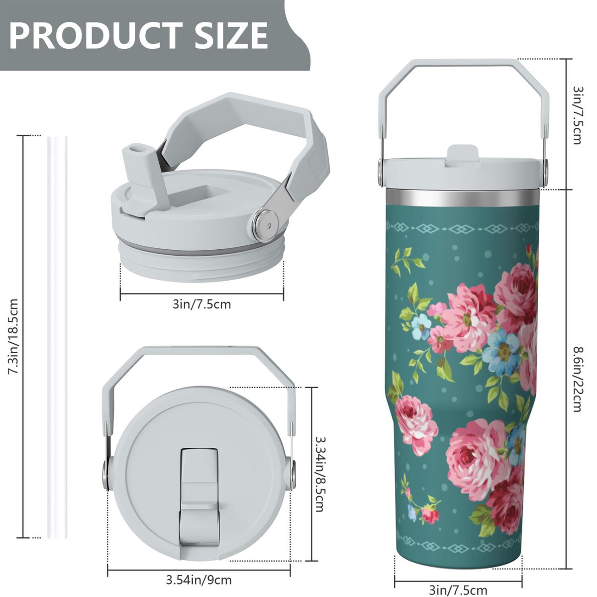 Lunabuddy™ 30oz Pioneer Colorful Floral Stainless Steel Flip Straw Tumbler with Lid and Straw Spill Proof Travel Cup Double Wall Vacuum Insulated Coffee Mug with Top Handled White