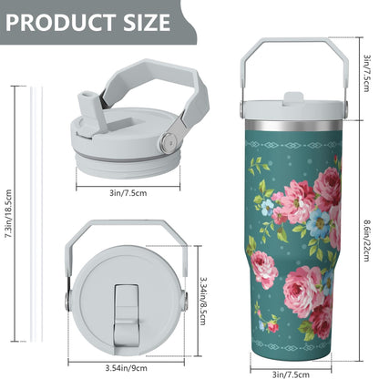 Lunabuddy™ 30oz Pioneer Colorful Floral Stainless Steel Flip Straw Tumbler with Lid and Straw Spill Proof Travel Cup Double Wall Vacuum Insulated Coffee Mug with Top Handled White