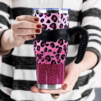 Lunabuddy™ Sunmdecor Pink Leopard Print Tumbler with Handle and Silicone Straws - 40 Oz Cheetah Insulated Tumbler - Leopard Cup Gift for Women