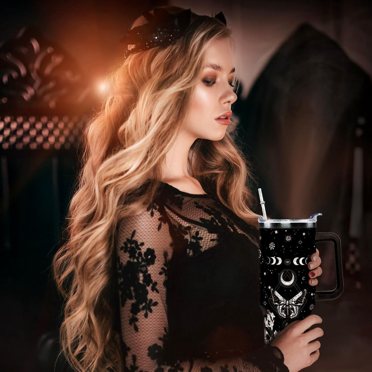 Lunabuddy™ 40oz Goth Gothic Tumbler with Handle and Straw, Stainless Steel Vacuum Insulated Flip Straw Butterfly Moon Tumbler, Spill Proof Travel Mug, Witch Decor Gifts for Women
