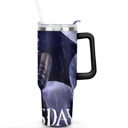 Lunabuddy™ 40oz Wednesday Girl Stainless Steel Tumbler with Lid and Straw,Wednesday Stuff Merchandise Spill Proof Travel Cup Double Wall Vacuum Insulated Coffee Mug with Handle Black