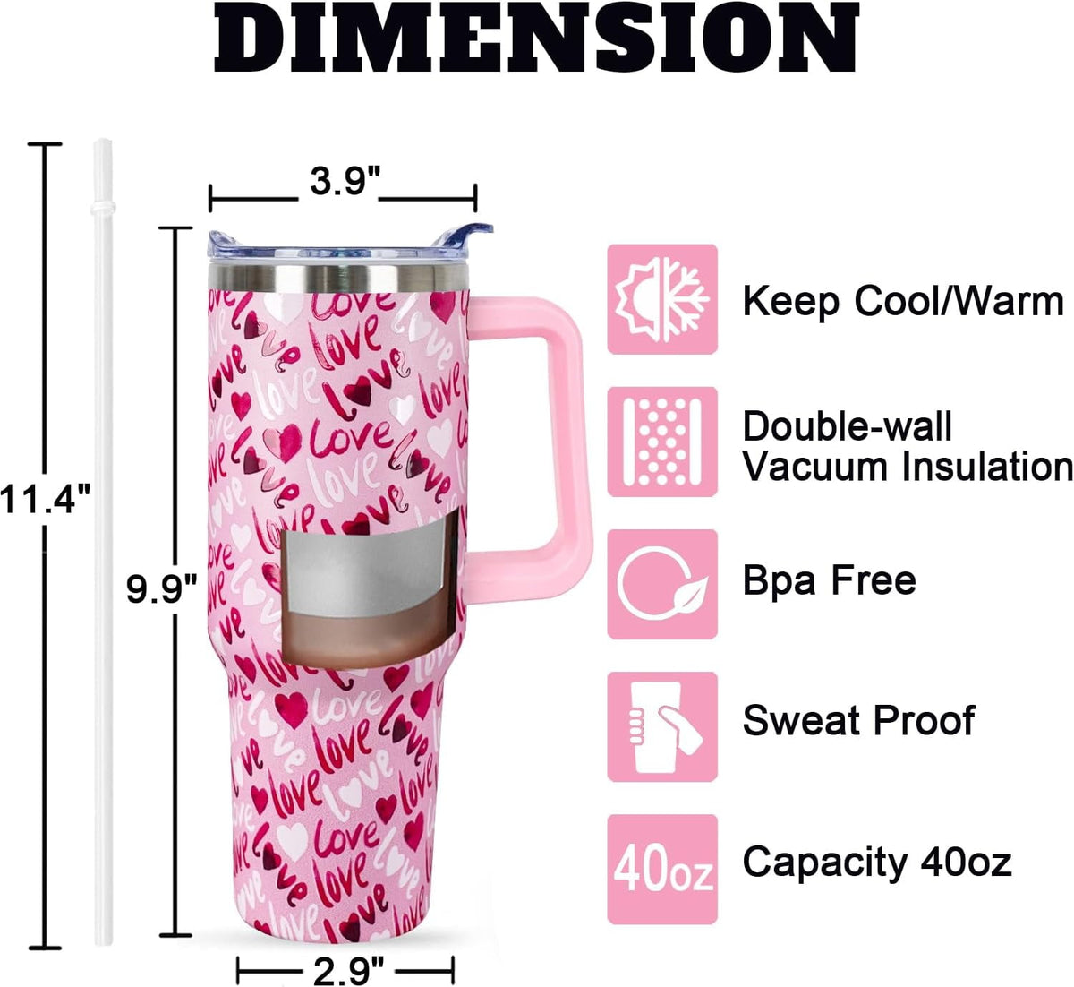 Lunabuddy™ 40 Oz Valentines Day Tumbler 3d-Printed Pink Love Tumbler Gifts for Couple Women Men Insulated Travel Cup with Handle Lid and Straw
