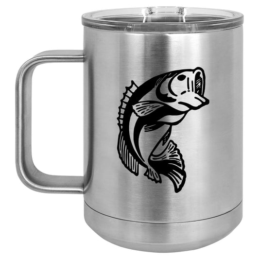 Lunabuddy™ 15 oz Tumbler Coffee Mug Travel Cup With Handle & Lid Vacuum Insulated Stainless Steel Bass Fish (Silver)