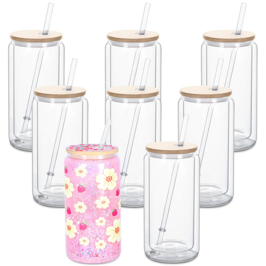 Lunabuddy™ 16 Oz Glass Snow Globe Tumbler with Bamboo Lid, 8 Pack Double Wall tumblers, Pre-Drilled Snow Globe cups for Glitter Diy Gifts (clear)