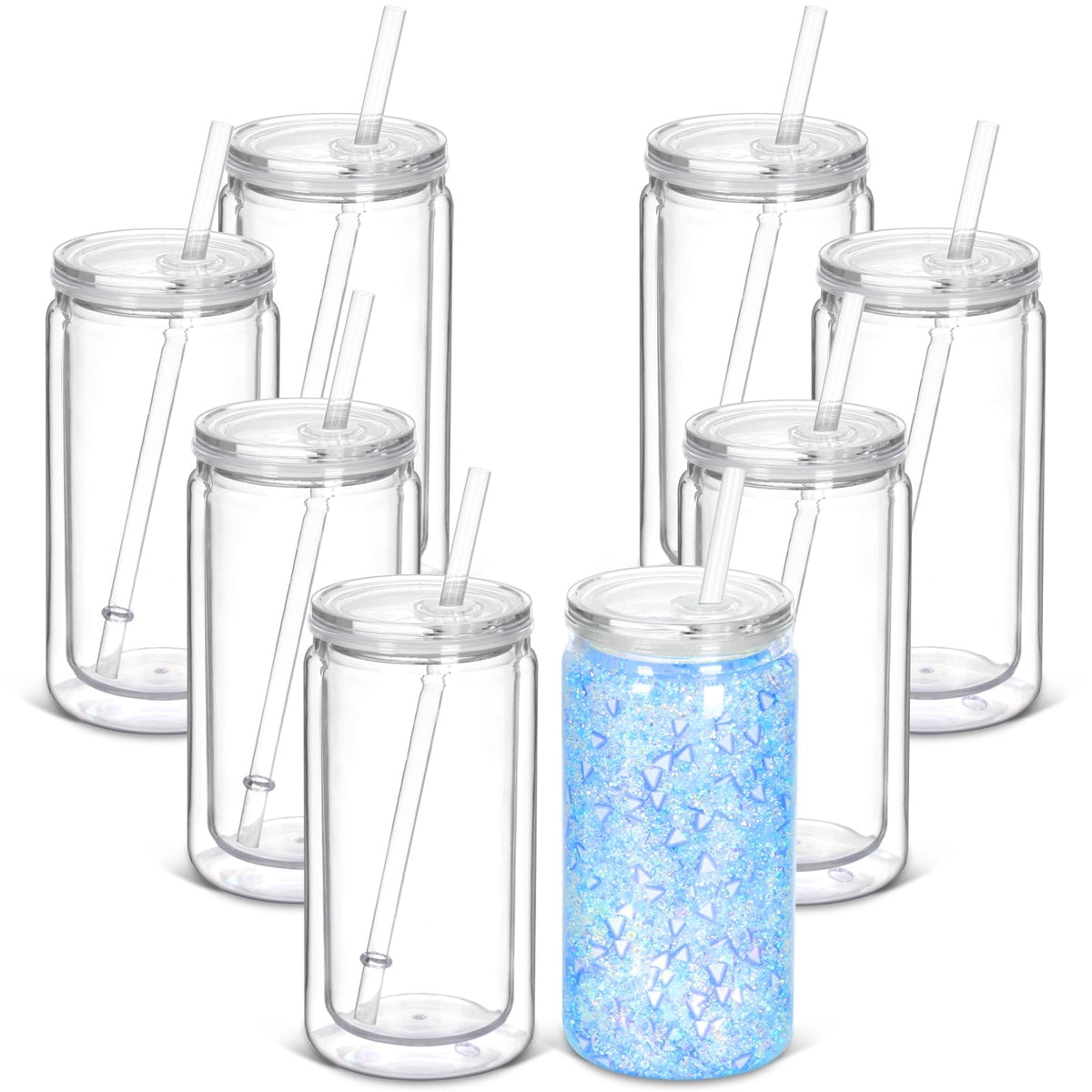 Lunabuddy™ 16 Oz Plastic Snow globe Tumbler with Pre-drilled hole, 8 Pack Double Wall tumblers with clear lid and straw, Snow Globe cups for Glitter Diy Gifts (clear)