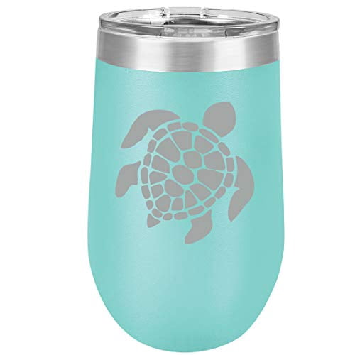 Lunabuddy™ 16 oz Double Wall Vacuum Insulated Stainless Steel Stemless Wine Tumbler Glass Coffee Travel Mug With Lid Sea Turtle (Teal)