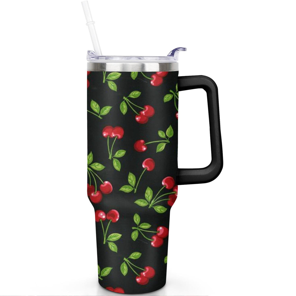 Lunabuddy™ 40oz Red Cherry Fruit Pattern Stainless Steel Flip Straw Tumbler Spill Proof Travel Cup Double Wall Vacuum Insulated Coffee Mug with Top Handle