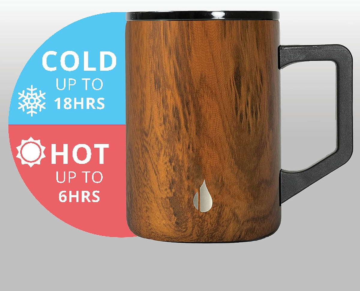 Lunabuddy™ Elemental Summit Insulated Coffee Mug with Lid & Handle, Insulated Vacuum Camp Coffee Cup, Triple Wall Stainless Steel Travel Mug, Hot and Cold Thermal Coffee Tumbler, 16oz - Teakwood