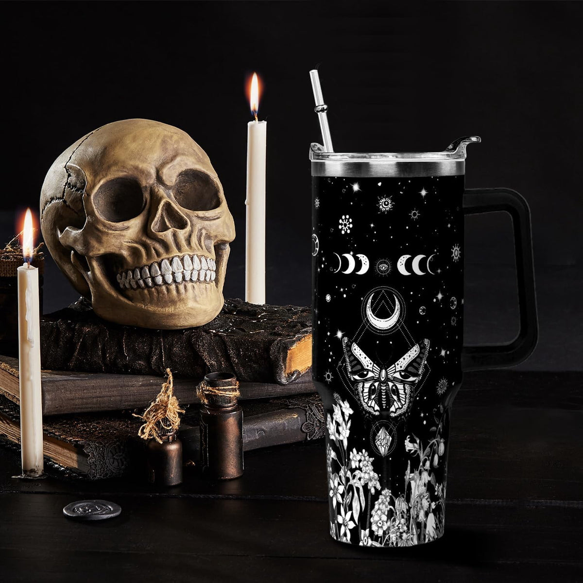 Lunabuddy™ 40oz Goth Gothic Tumbler with Handle and Straw, Stainless Steel Vacuum Insulated Flip Straw Butterfly Moon Tumbler, Spill Proof Travel Mug, Witch Decor Gifts for Women