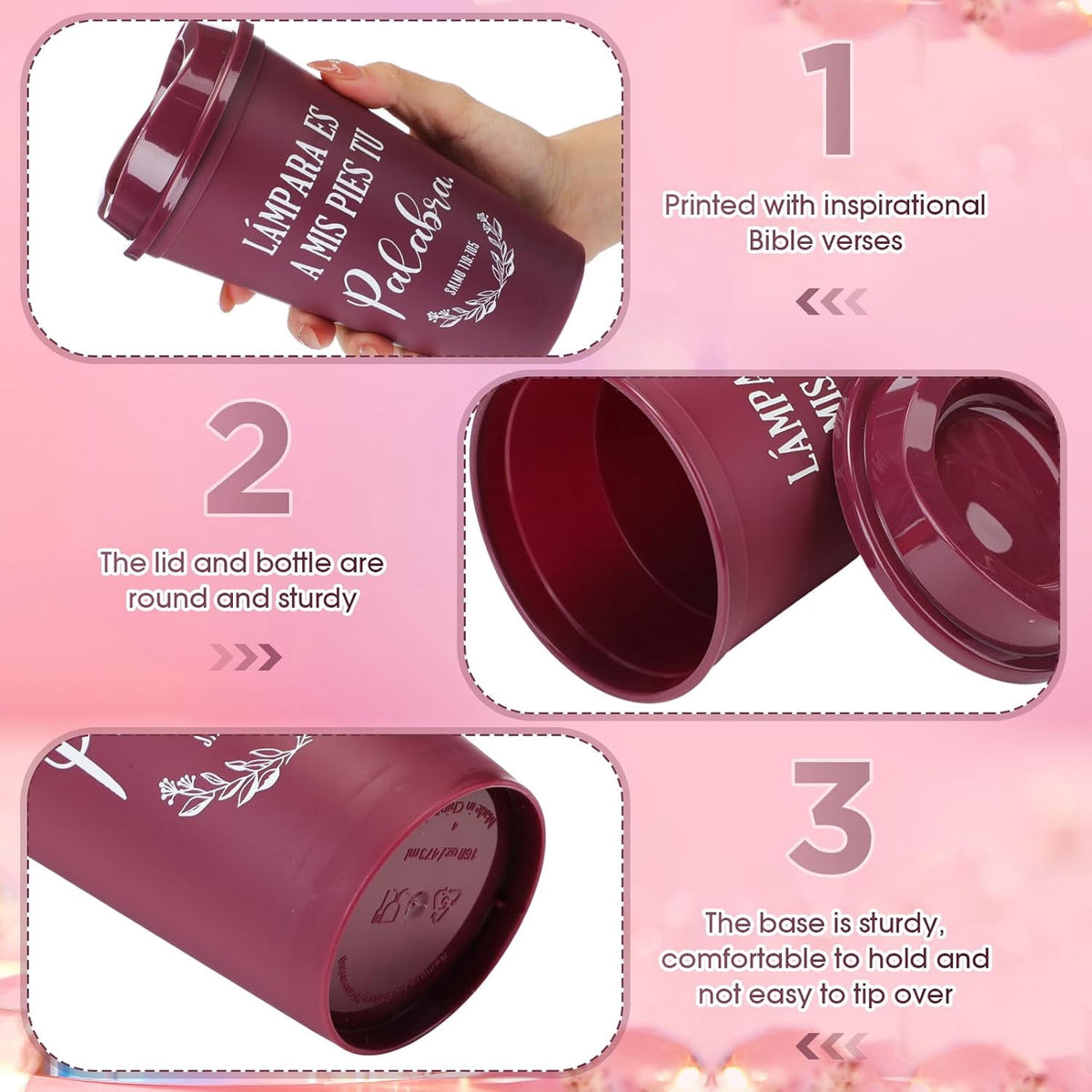 Lunabuddy™ Spanish Bible Verse Tumblers Bulk, 16 oz Reusable Christian Cups with Lids, Plastic Coffee Cups for Church Events, Bible Study, Sunday School, Teacher Appreciation(Wine Red,24)