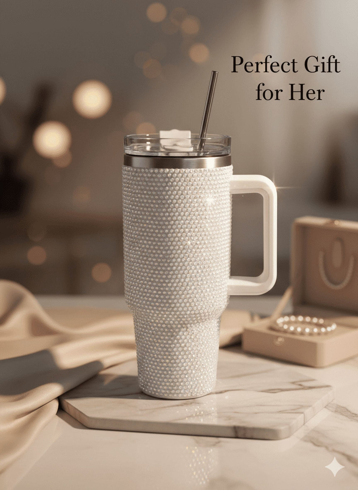 Lunabuddy™ Thirstee 40 oz Rhinestone Tumbler with Handle and Metal Straw Lid, White Bling Insulated Travel Mug