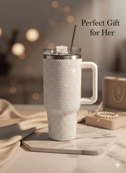 Lunabuddy™ Thirstee 40 oz Rhinestone Tumbler with Handle and Metal Straw Lid, White Bling Insulated Travel Mug